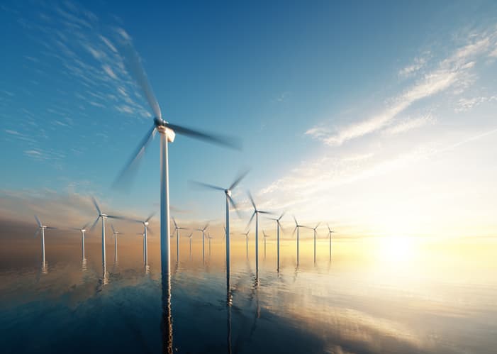 Offshore wind park at daybreak.