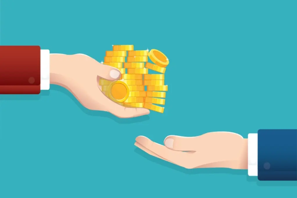 Graphic of a business person handing another business person coins, representing the lending sector.