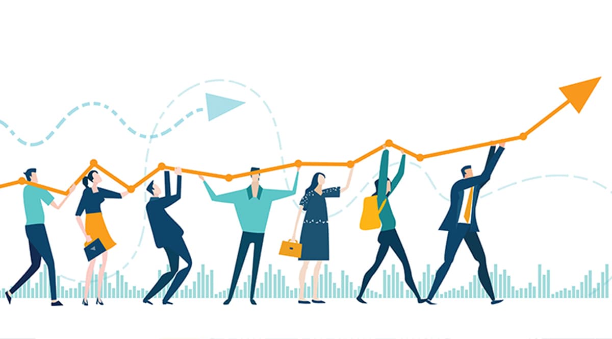 Illustration of a group of people holding up a graph arrow