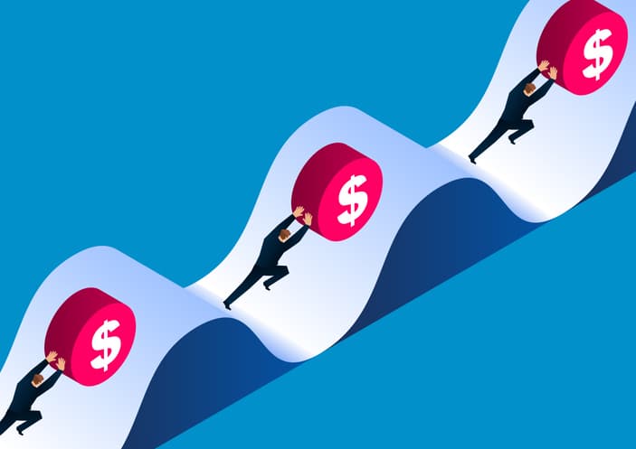 Illustration of businessmen pushing coins up and down slopes