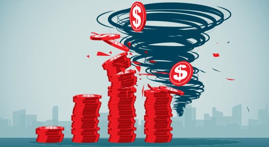 Illustration of a tornado tearing through piles of money