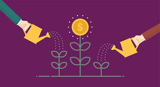 Illustration of two people watering plants that are growing money
