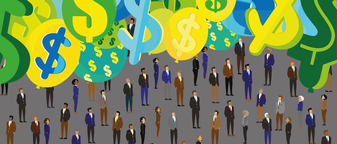 drawing of individuals in a group with dollar signs
