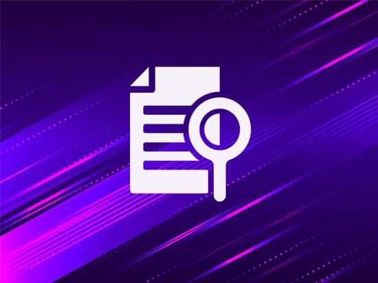 Icon of a document and a magnifying glass against a purple background
