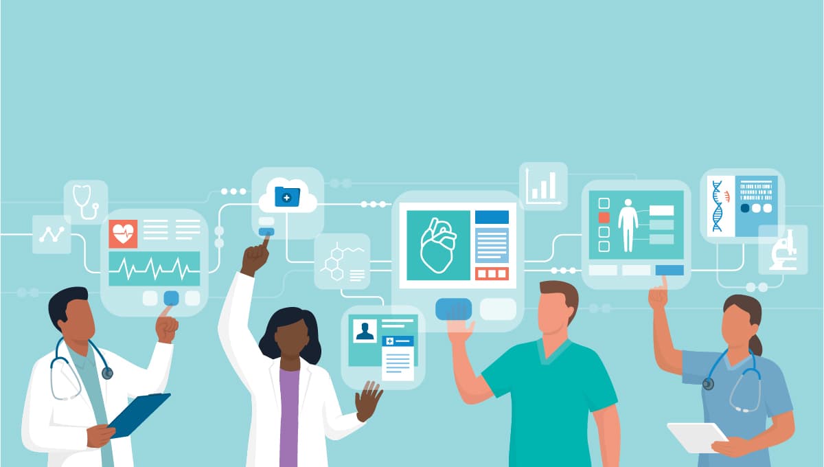 Illustration of doctors and nurses using hospital equipment