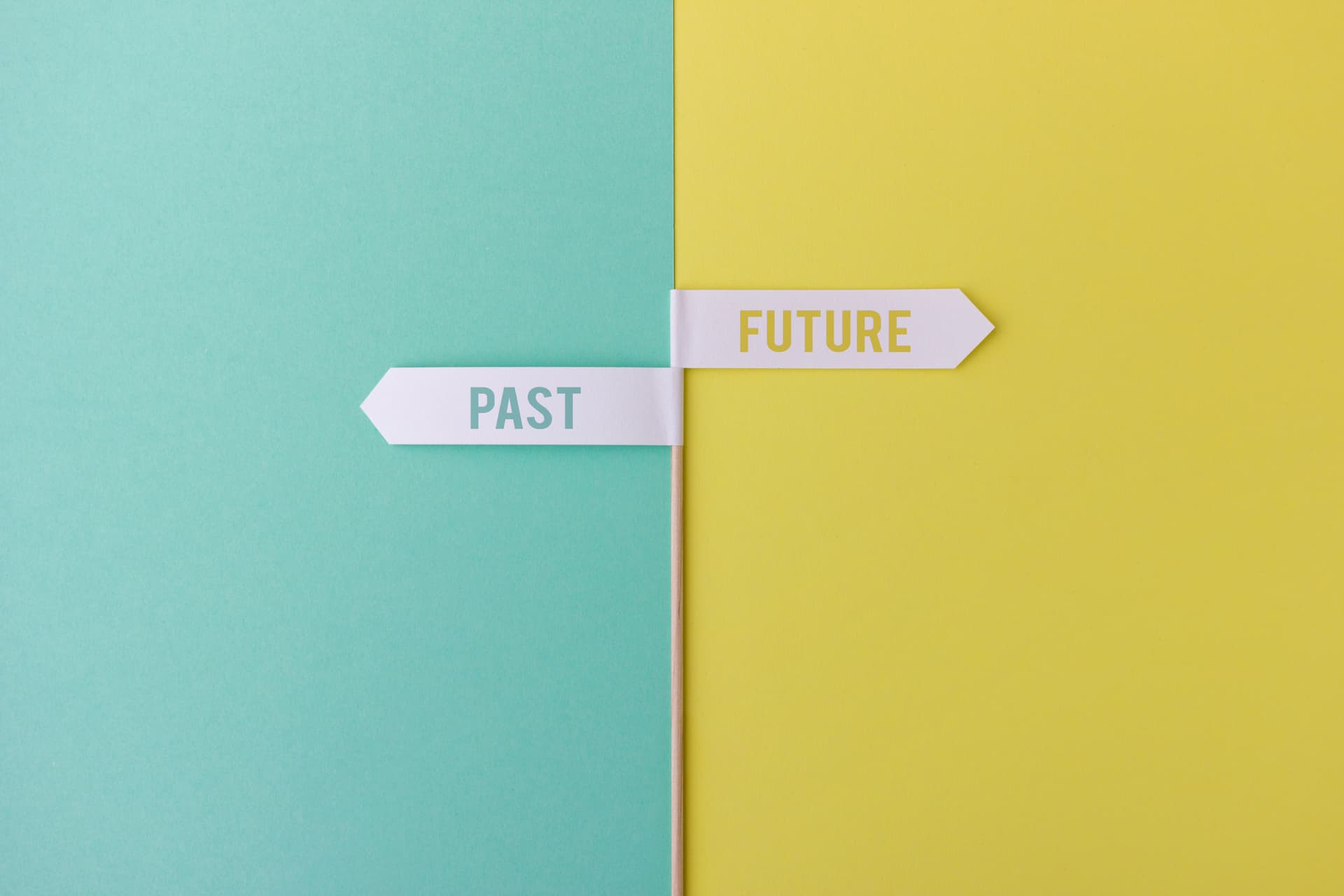 Two signposts pointing in opposite directions, labelled 'past' and 'future'