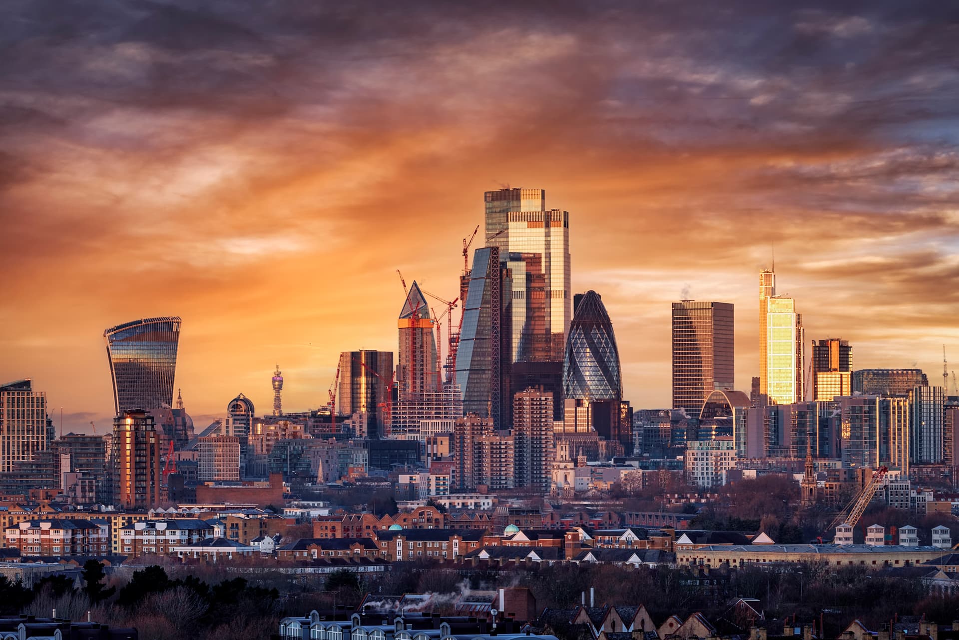 London skyline against the sunrise