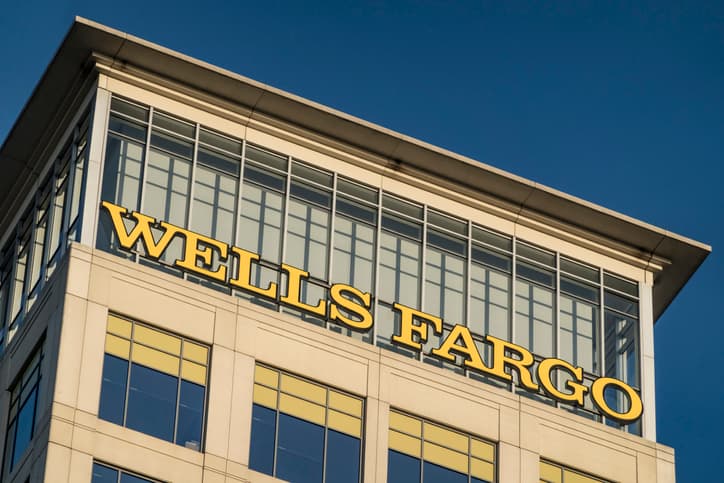 The Wells Fargo logo spans the top of a building's facade.