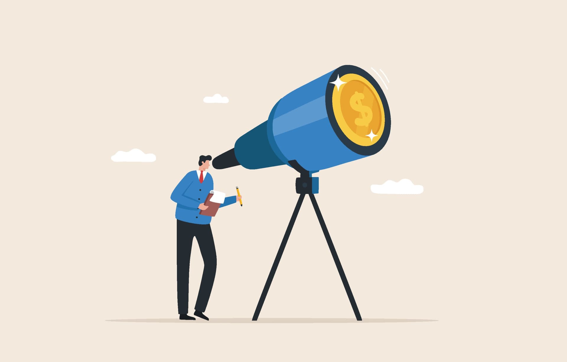 Illustration of a businessperson looking into a telescope. There is a gold coin at the end of the telescope