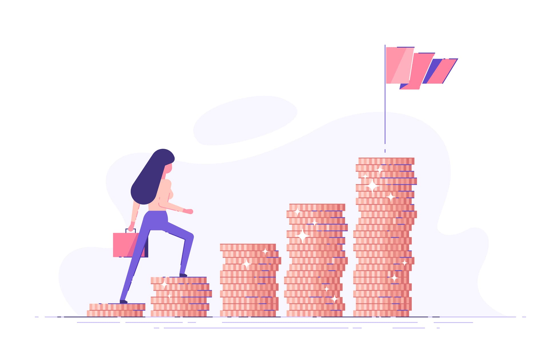 Illustration of a businesswoman climbing piles of coins of growing heights