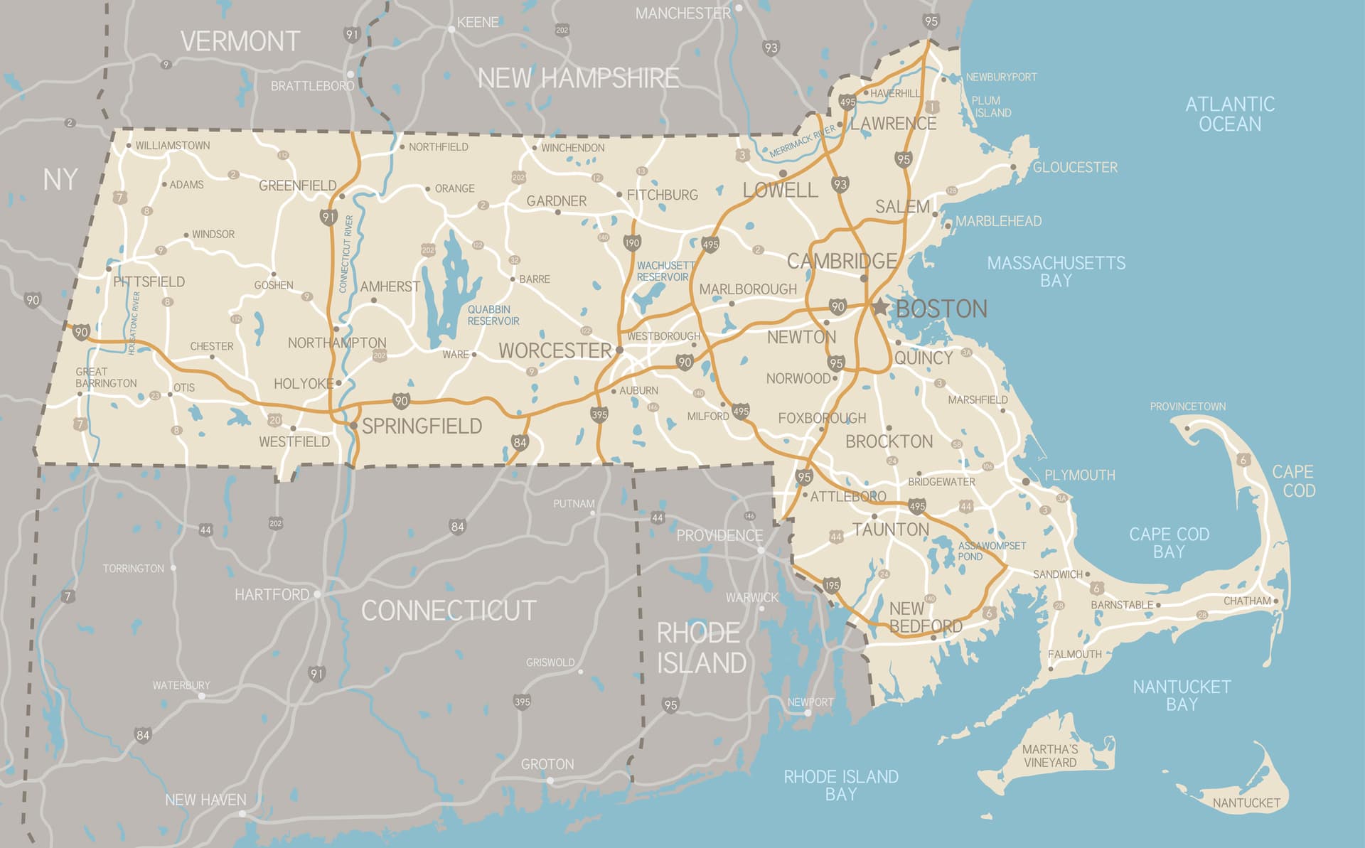 Photo of a map of Massachusetts with highways.