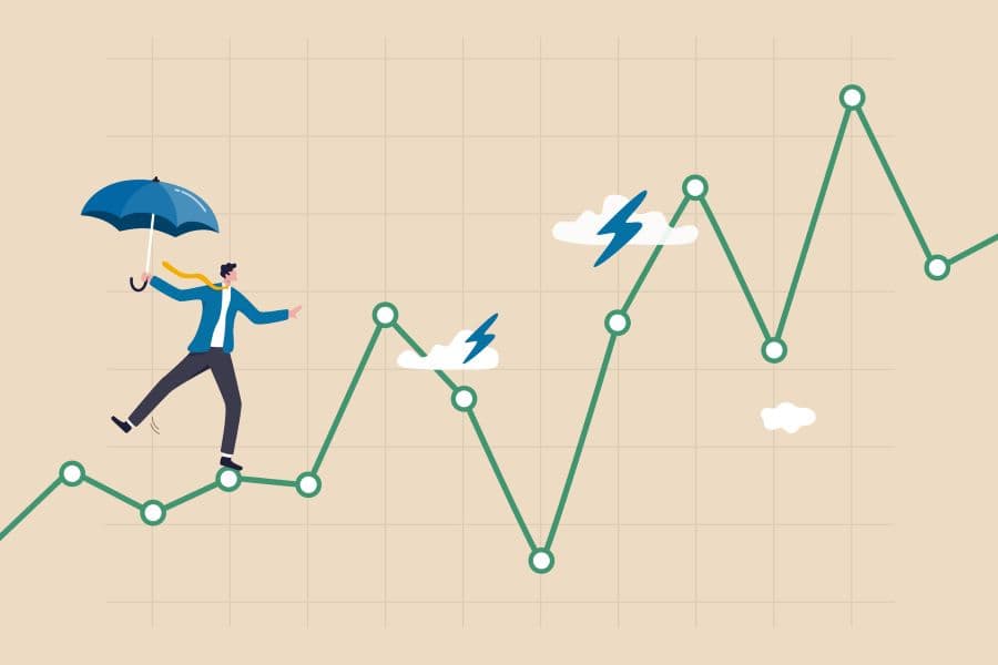 Illustration of a business man on a tightrope made up of graph lines. He is carrying an umbrella, and there are storm clouds ahead