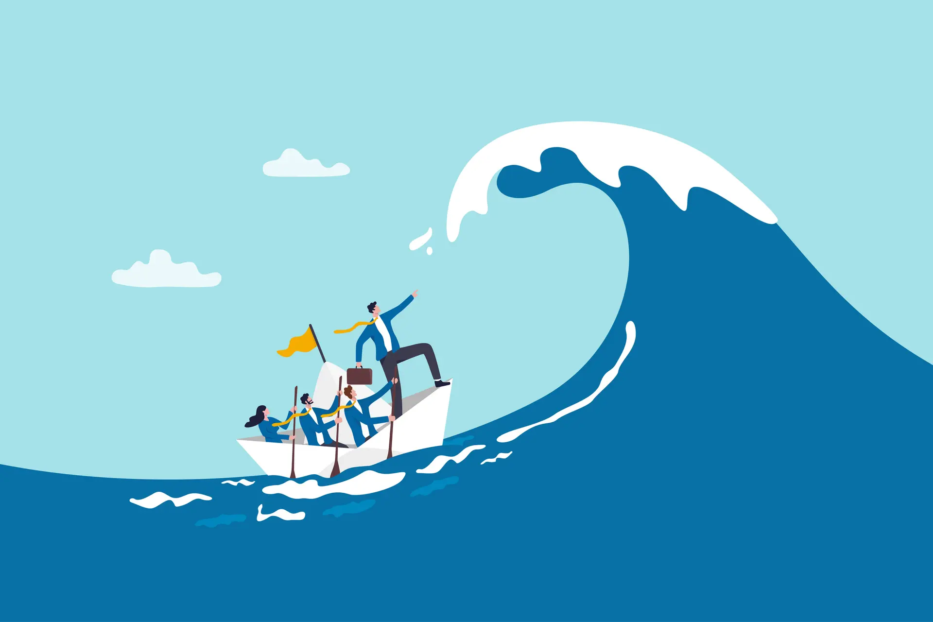 Teamwork to help survive crisis, businessman leads team sailing boat to survive storm.