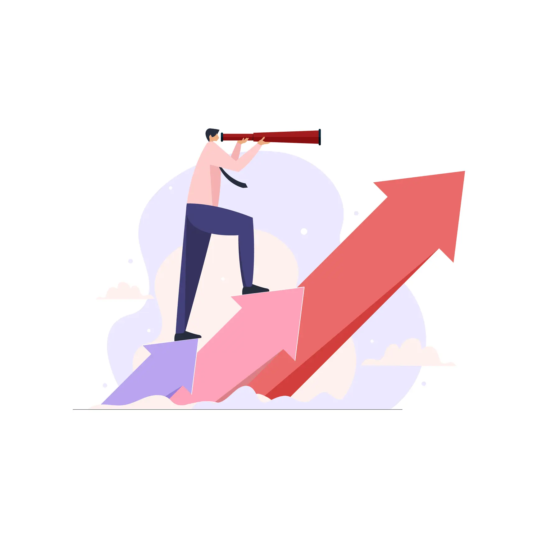Illustration of businessperson on three increasing arrows.