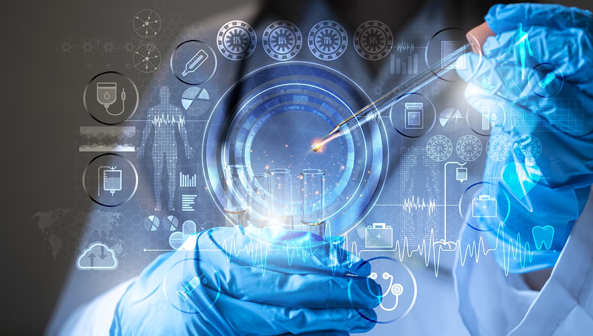 Photo of a person wearing safety gloves holding a test tube surrounded by icons representing life sciences.