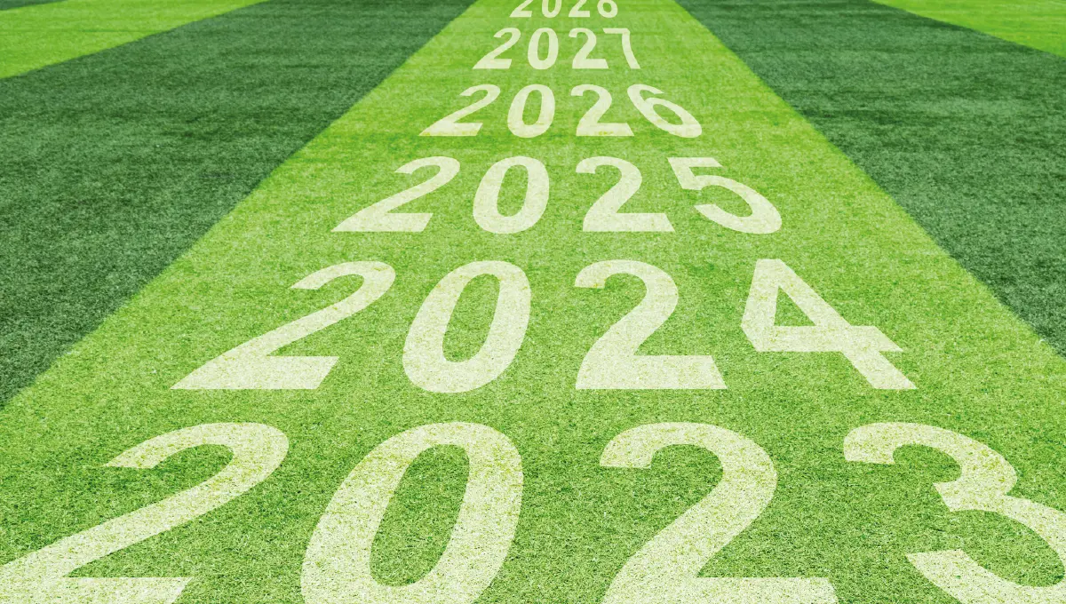 Years progressing from 2023 and on, painted on grass.