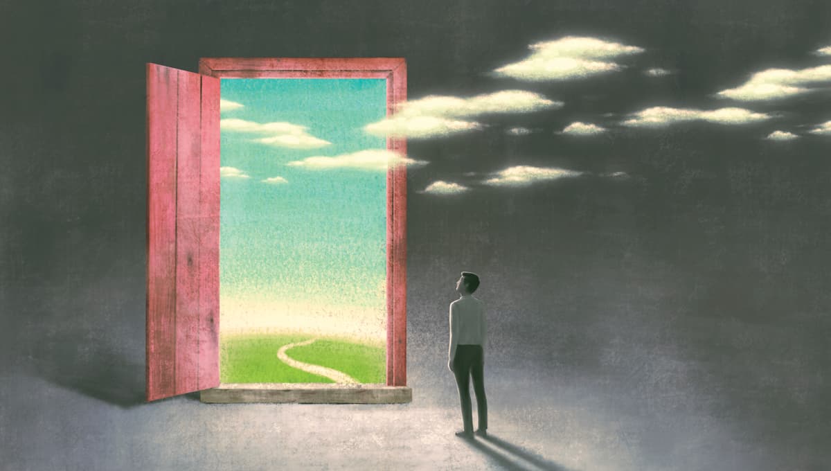 A person faces a great open door leading to a bright path winding through a meadow