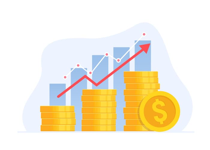 An illustration of a growth chart with gold coins depicting bars that are growing.