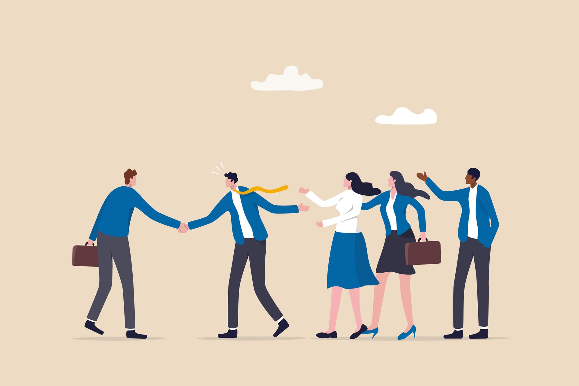 Illustration of a team of businesspeople welcoming a new employee