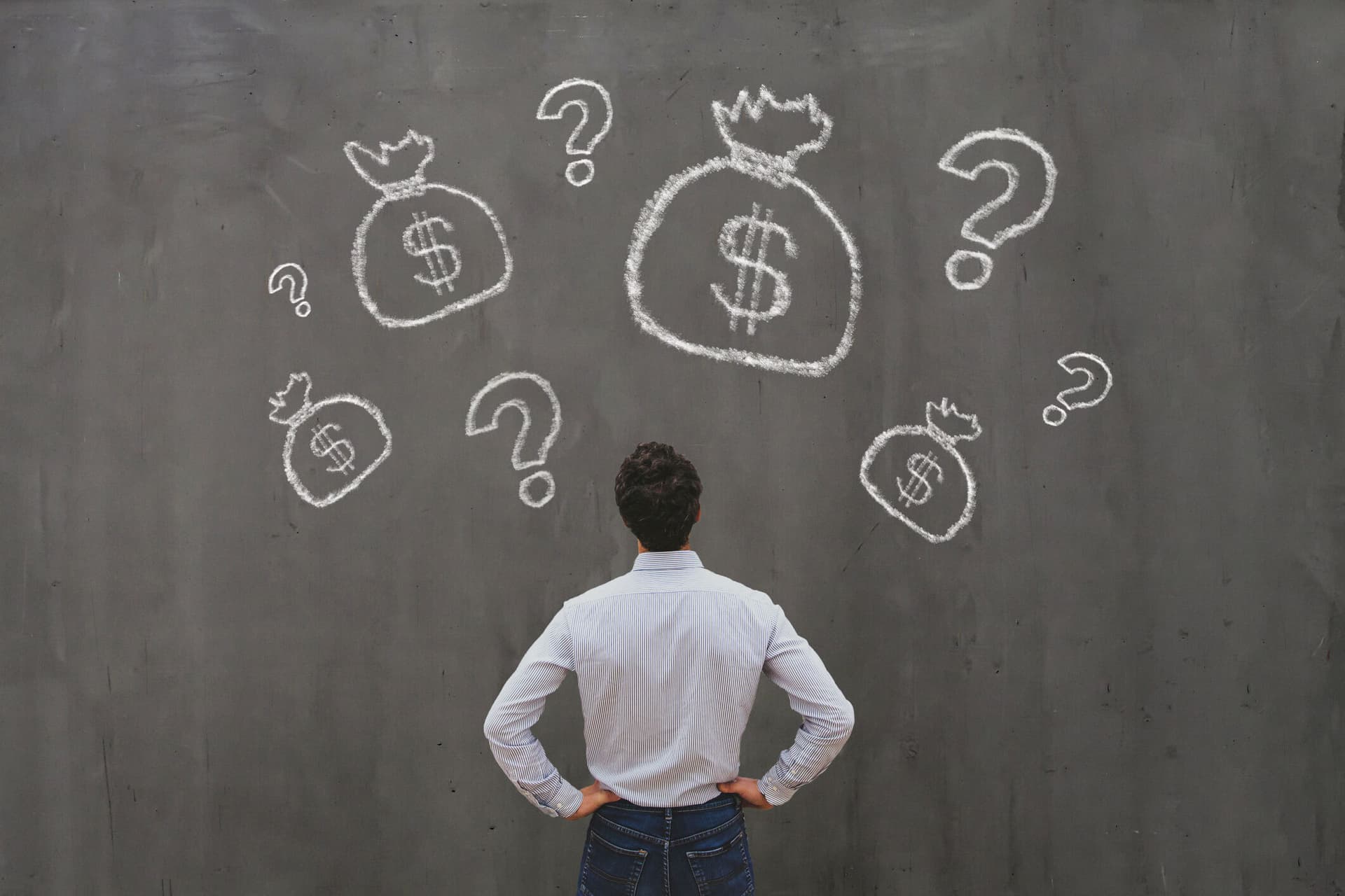 A person staring at a blackboard with images of money bags.