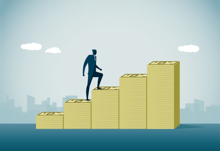 Illustration of a businessman climbing a staircase made of money