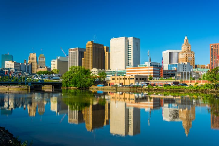 Skyline of Newark, New Jersey and its reflection on the water.