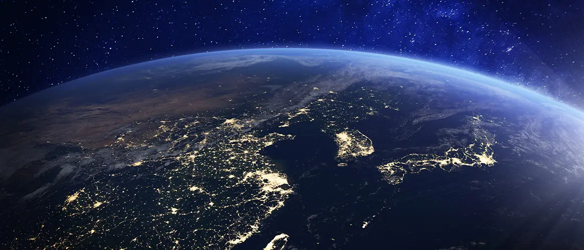 Asia at night from space with city lights showing human activity in China, Japan, South Korea, Hong Kong, Taiwan and other countries
