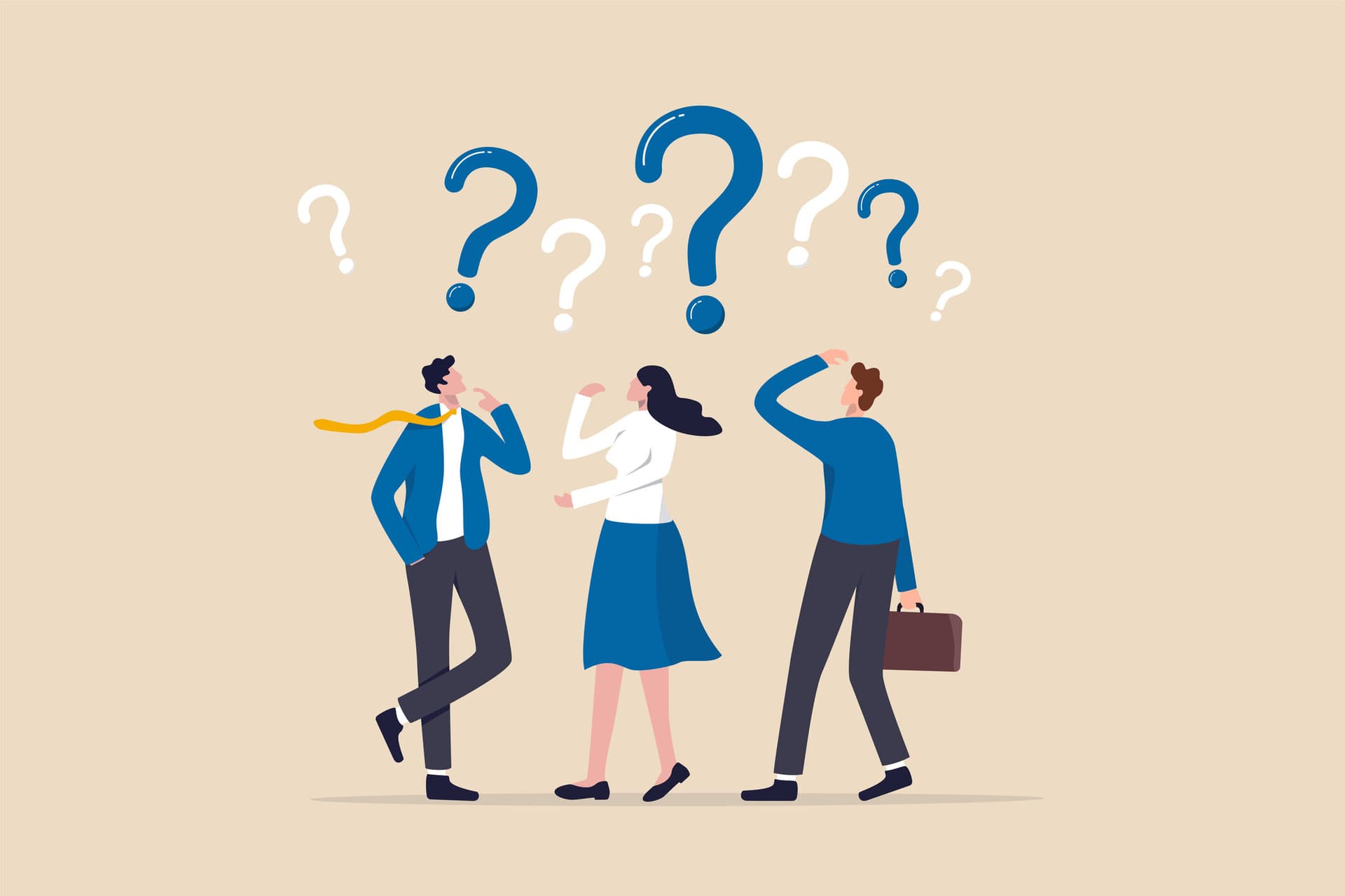 Photo illustration of businesspeople with lots of questions.