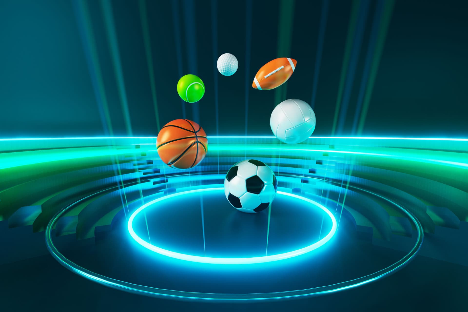 Picture of sports balls such as soccer, basketball, tennis and football.