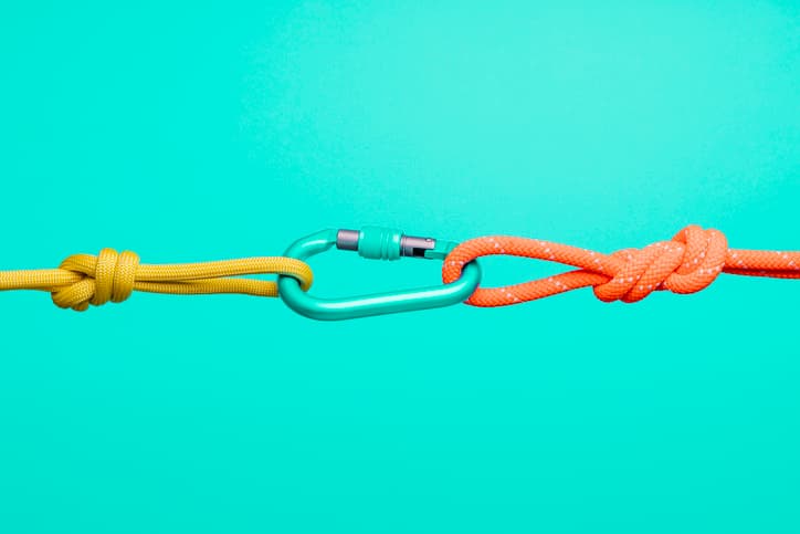 Two ropes tied together with a carabiner