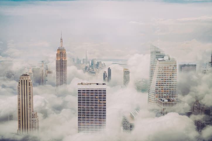 A foggy view across Midtown Manhattan in New York City.