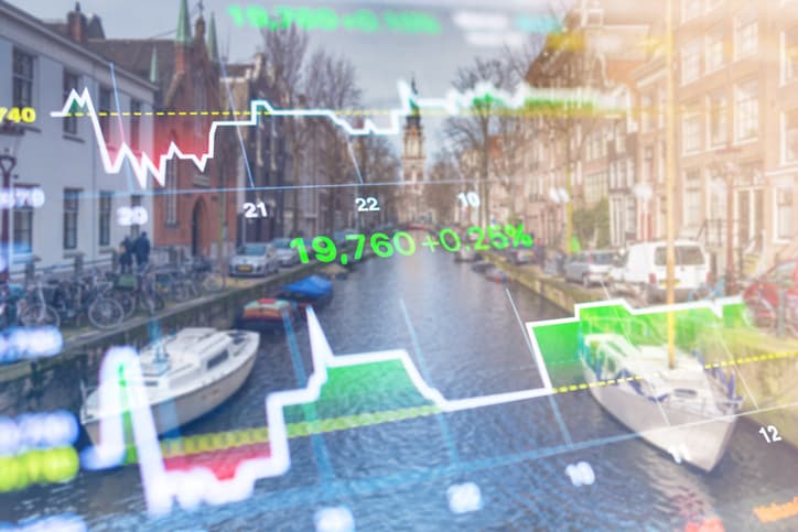 Amsterdam, the Netherlands, overlaid with stock exchange graphics