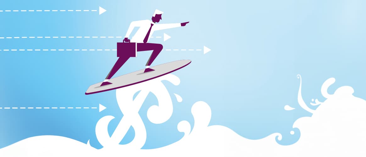 A businessman holding a briefcase surfing a dollar sign