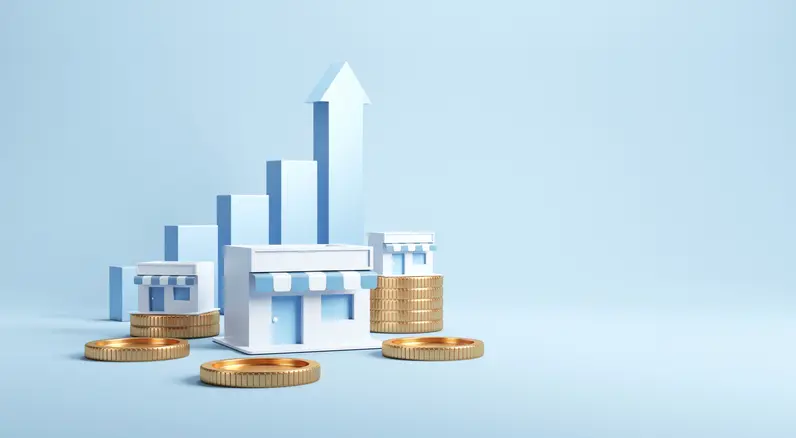 Franchise business growth with earning money, copy space. 3d render.