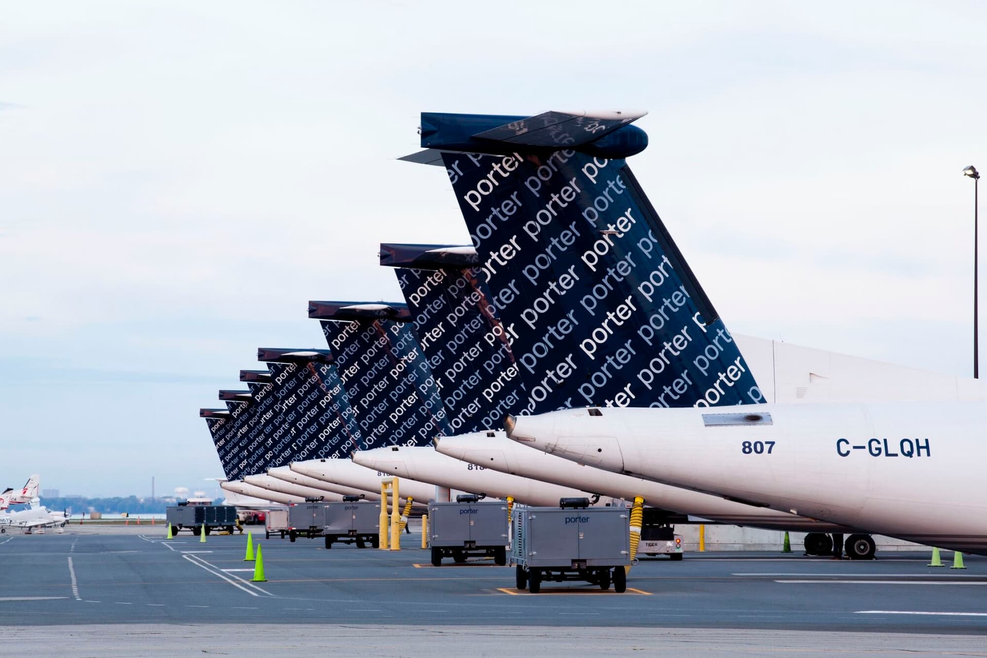 A row of Porter Airlines' De Havilland Dash 8 planes