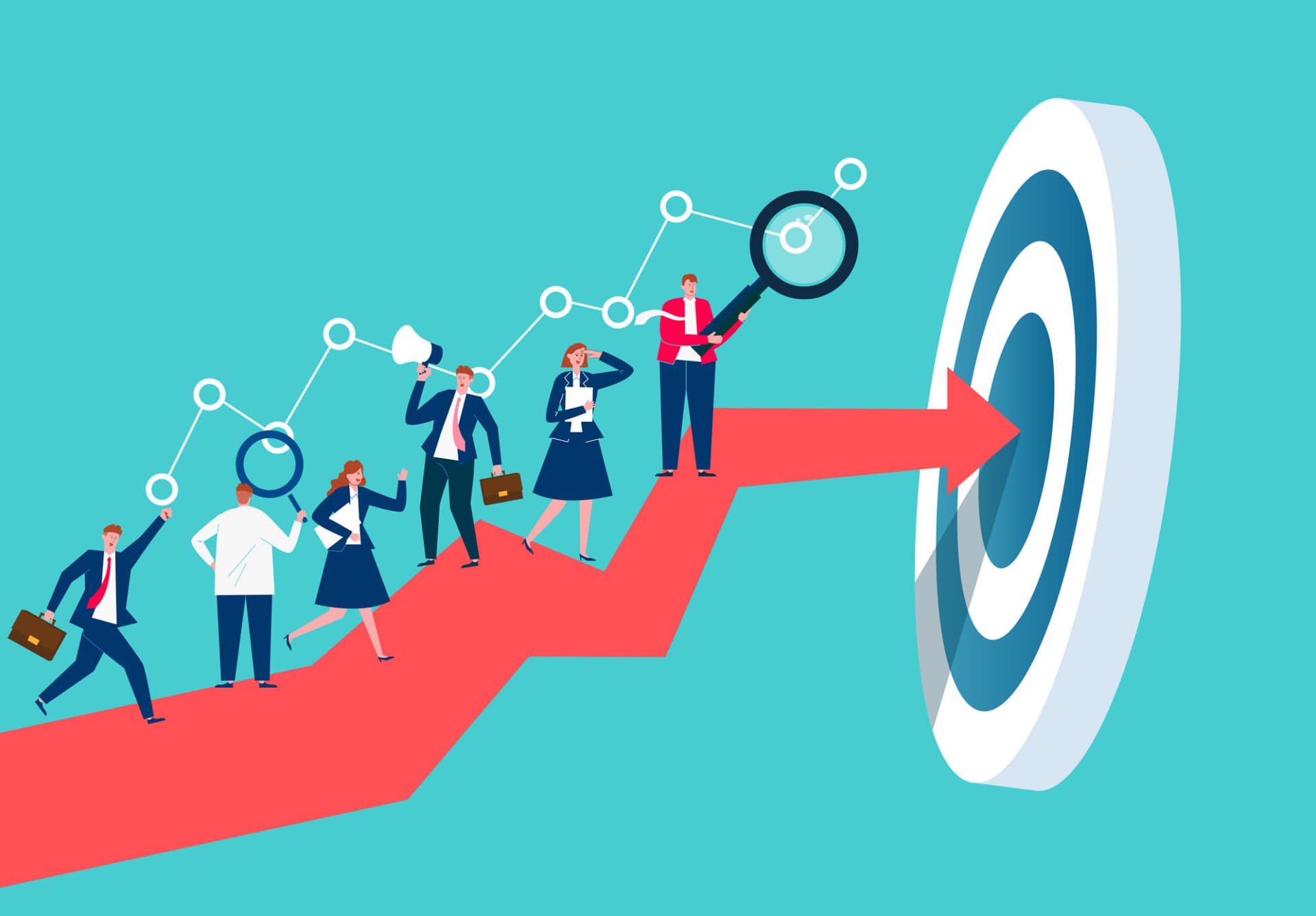 Businesspeople working on top of a red arrow as it approaches its goal