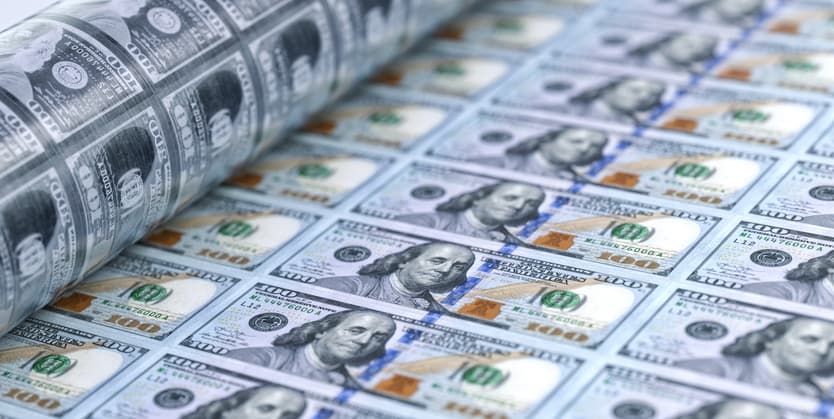 United States 100 dollar bills printing with american money printing press, uncut us dollars sheet closeup. US economy, banking, finance, tax, cash, stock market, business investment design background