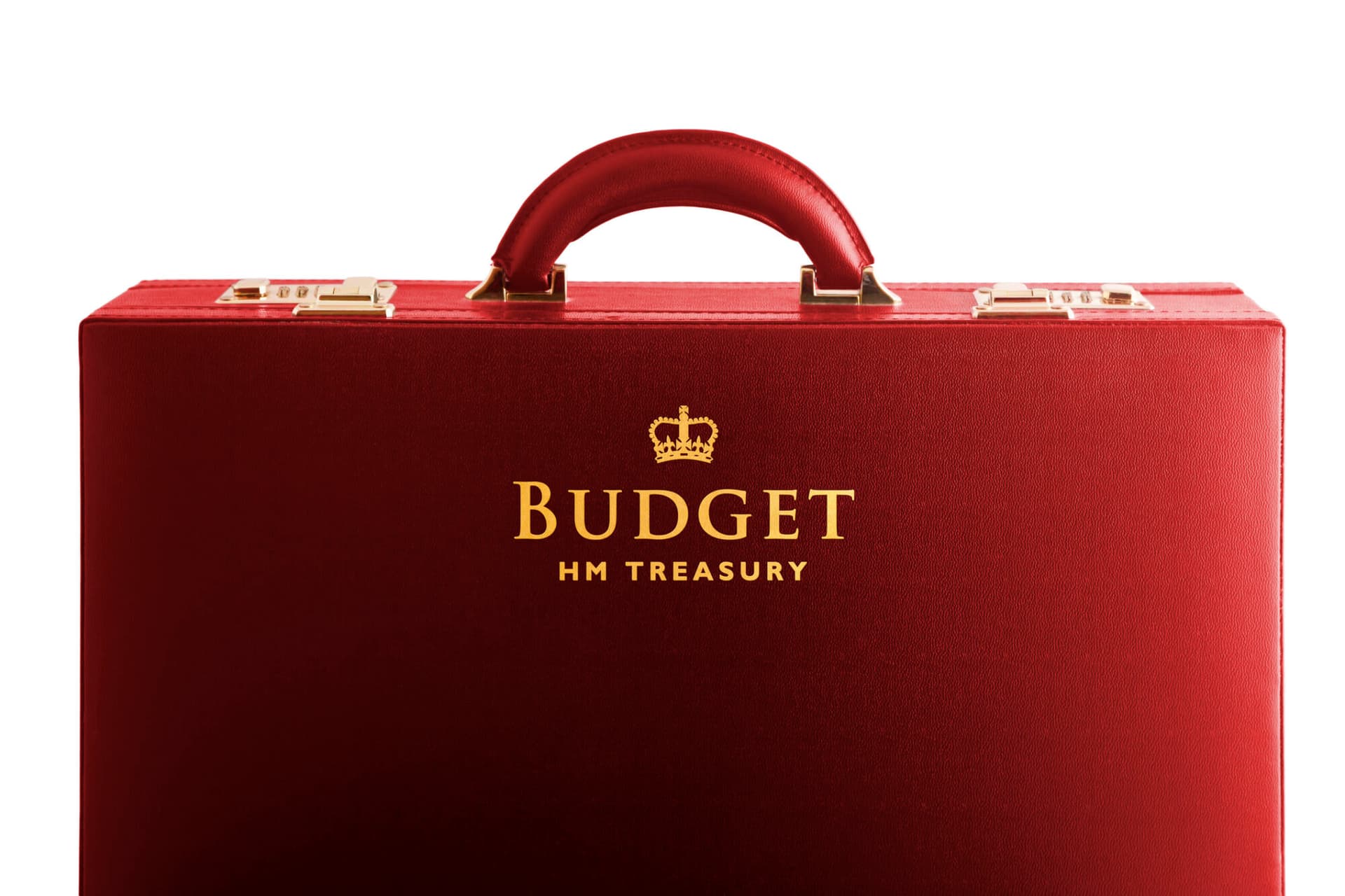 A red briefcase with 'budget' and 'HM Treasury' written on it in gold