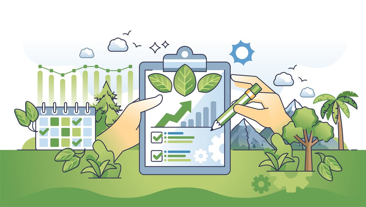 Illustration of a clip board rating sustainability and ESG