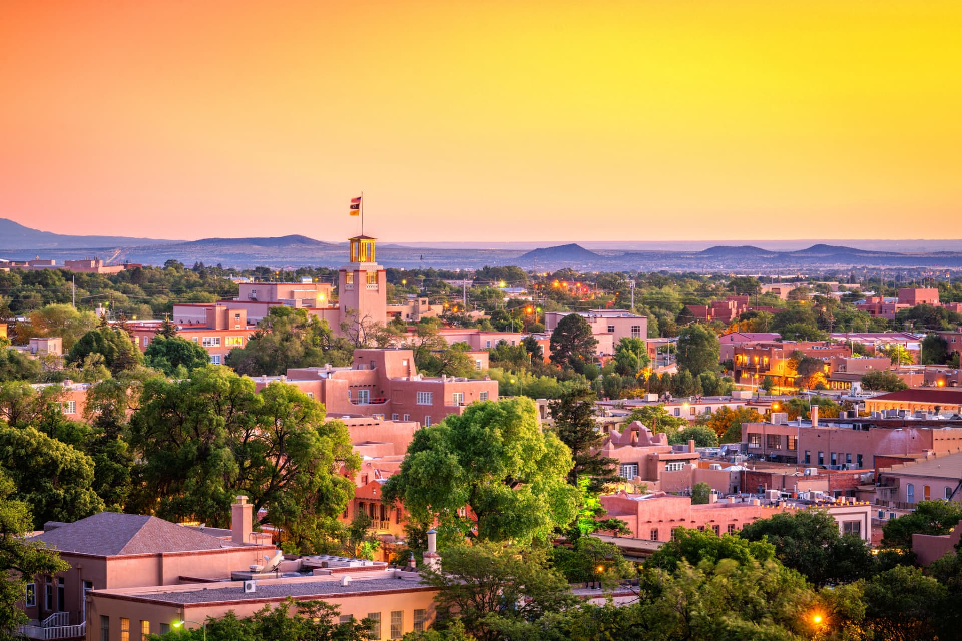 Santa Fe, New Mexico, USA at dusk
