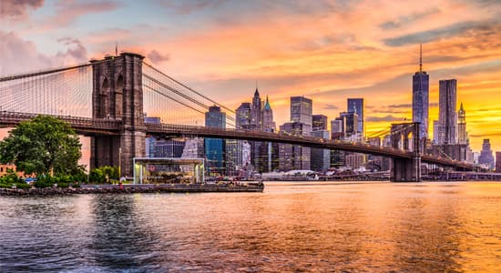 Image of the New York City skyline, featuring the Manhattan Bridge.