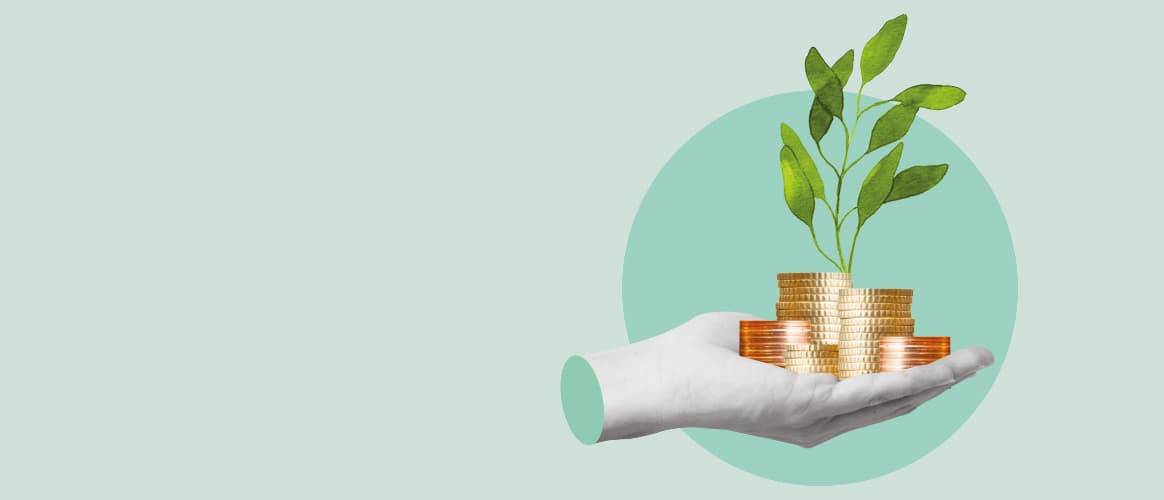 A severed hand holds several stacks of coins from which a green shoot sprouts