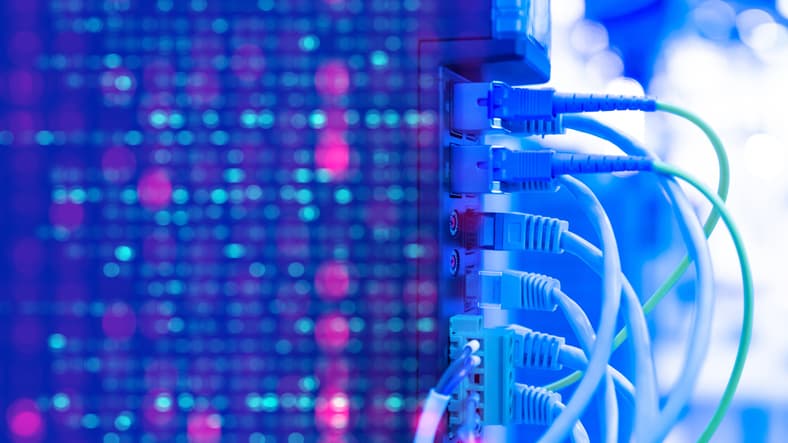 Network equipment. Wires connect equipment. Network hardware. Equipment for system administrator. Structured cabling systems. Network switch close up. Data storage and transmission. Server router. Data center.