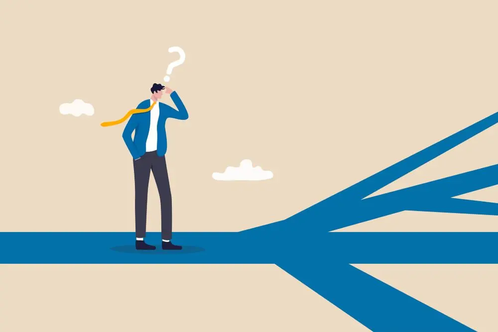 Illustration of business person confronted with multiple choices.