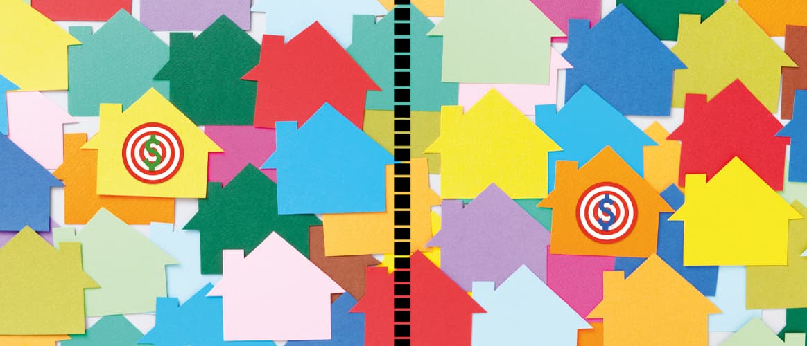 Illustrated photo of colorful houses laid over other houses, representing the real estate and housing sectors.
