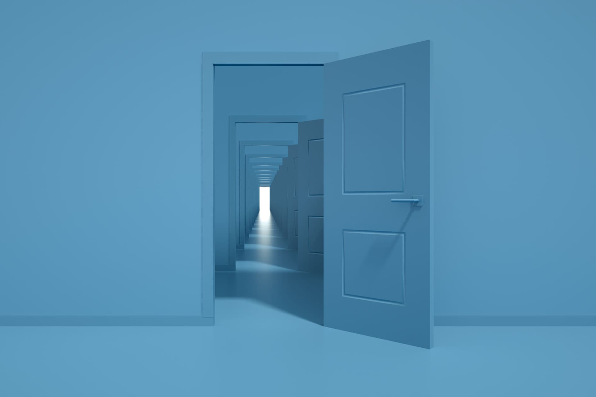 An illustration of a series of open doors