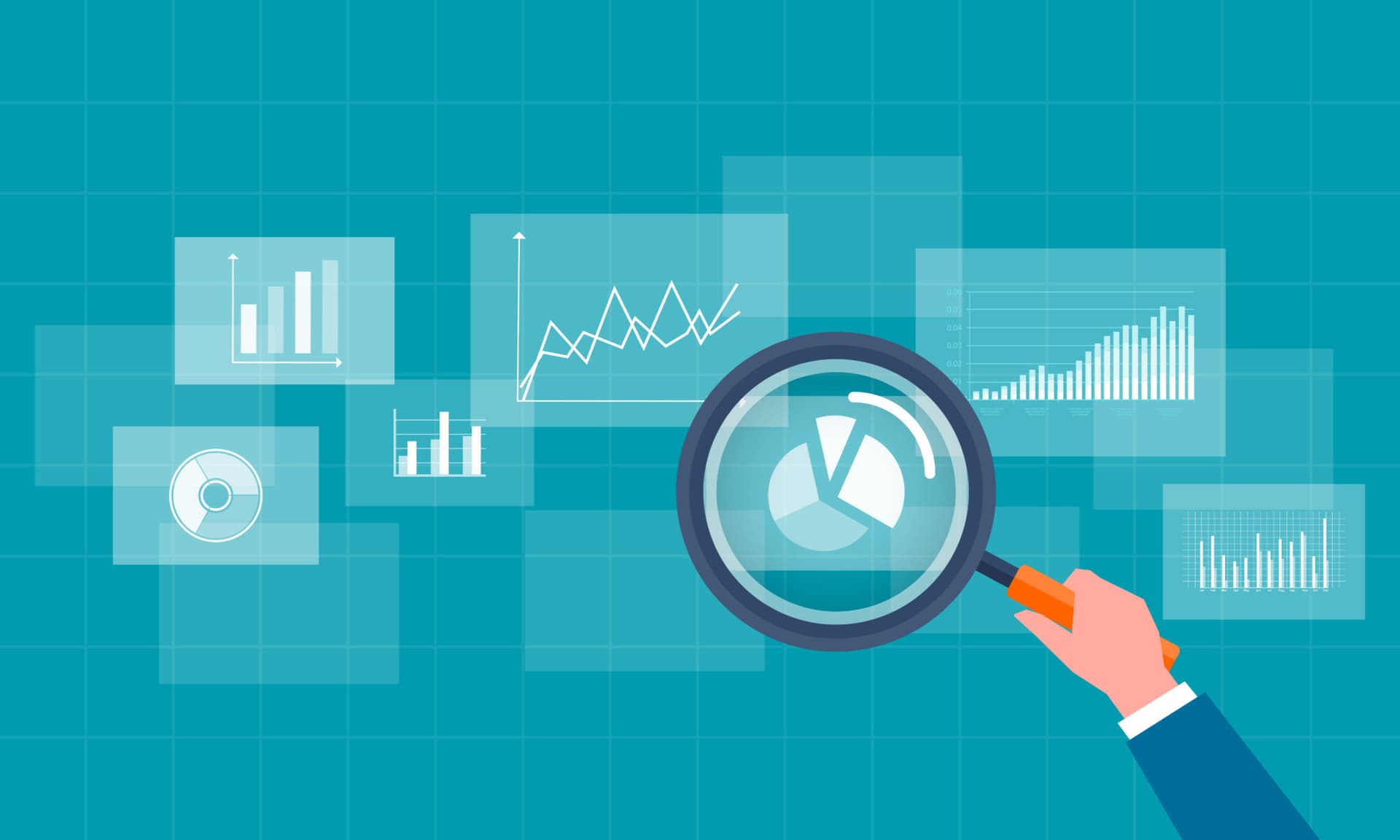 Image of a person using a magnifying glass to analyze charts.