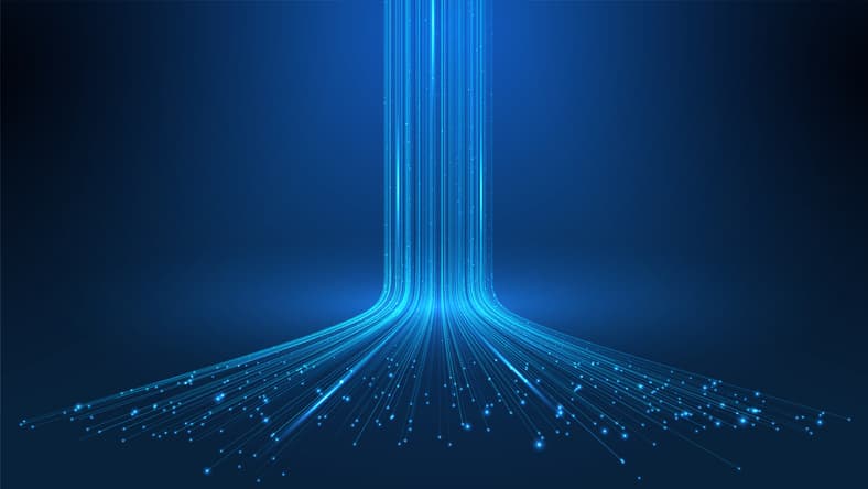 3D High Speed Light Trails. Digital Flow Vector Background. Big Data Technology Lines Fast Wireless Data Transmission. Information in Virtual Reality. 6g Vector Illustration. Artificial neural network