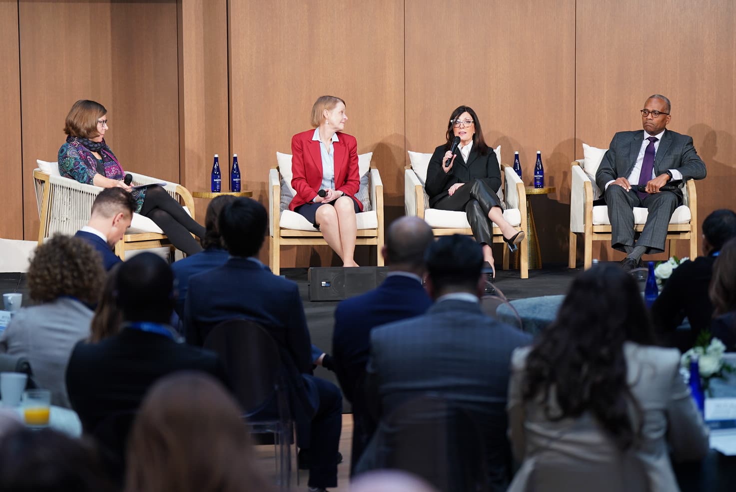 Milken Institute’s Victoria Barbary moderates a panel featuring [left to right] Anne-Marie Fink of the State of Wisconsin Investment Board, Ann-Marie Griffith of APG Asset Management US and Timothy Reese of the Pennsylvania Municipal Retirement System at Future of Finance 2026. Credit: Milken Institute