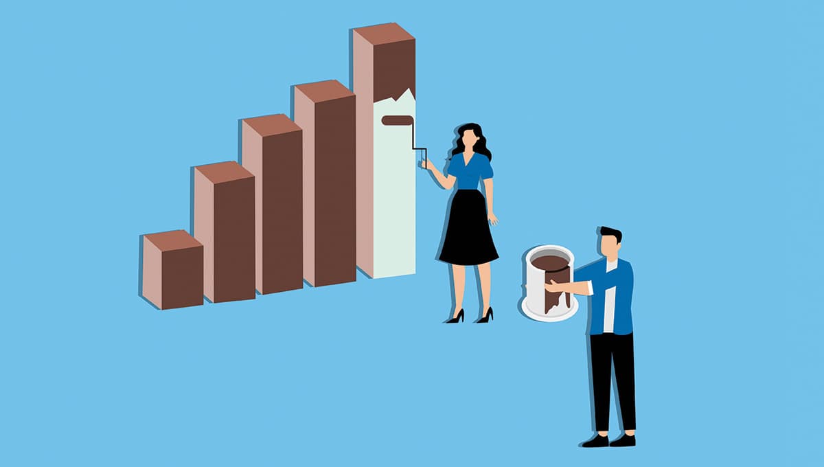 man woman painting bar chart brown blue background